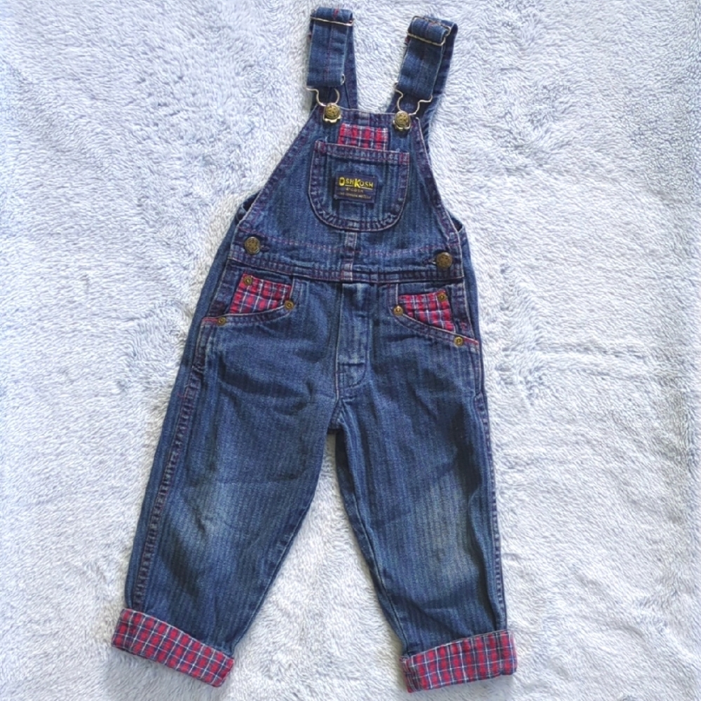 VTG 2T Oshkosh B'gosh Vestback Denim Stripe Overalls Red Plaid Osh Kosh USA
